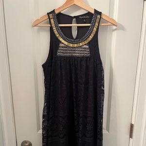 Ryan Michelle Gold Beaded Neckline Navy Lace Knee-Length Dress Size Medium